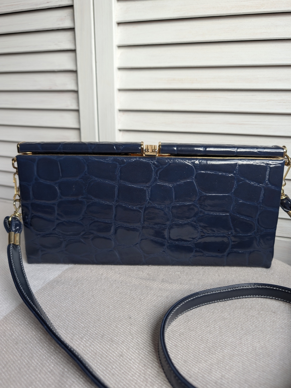 Structured Navy Croc-Embossed Shoulder Bag